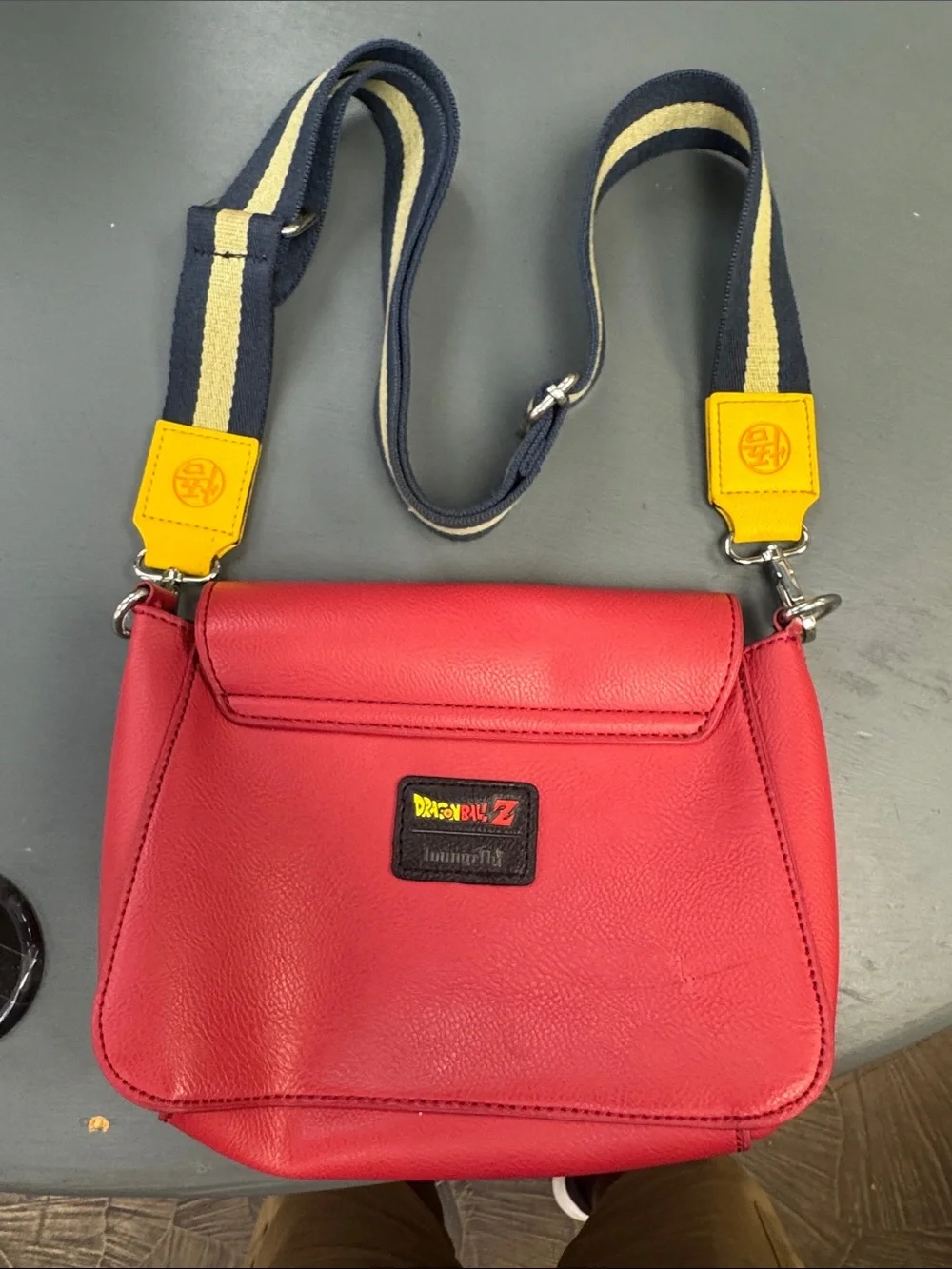 Loungefly Red Dragon Ball Z Crossbody Bag with Navy & Yellow Strap